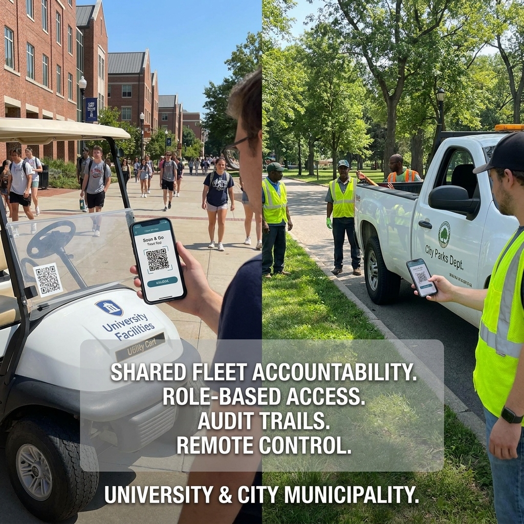 University golf cart and city parks truck with KeyOS Scan & Go