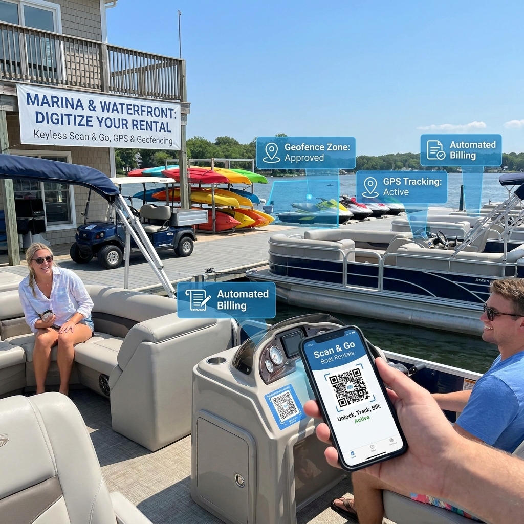 Marina dock with pontoon boats and Scan & Go check-in